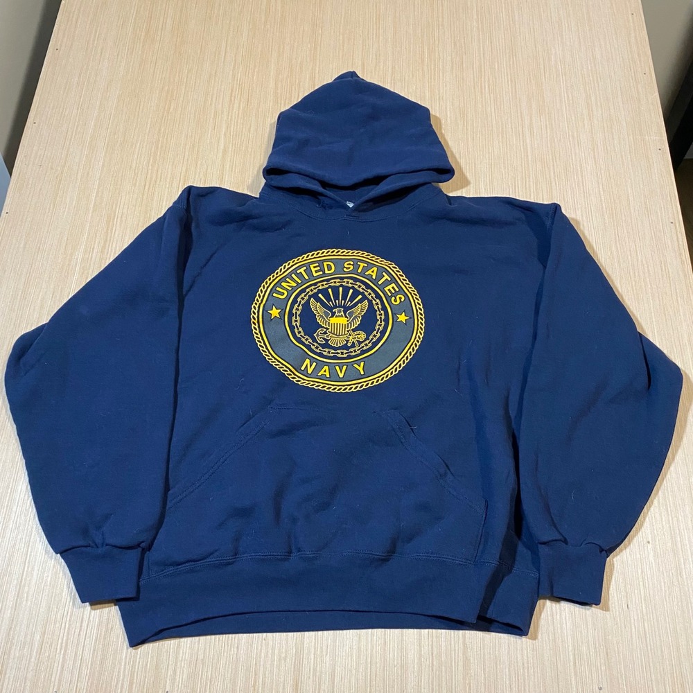Mens US Navy Originals MJ Soffe Hoodie Navy Blue Graphic Pullover Large USA Made